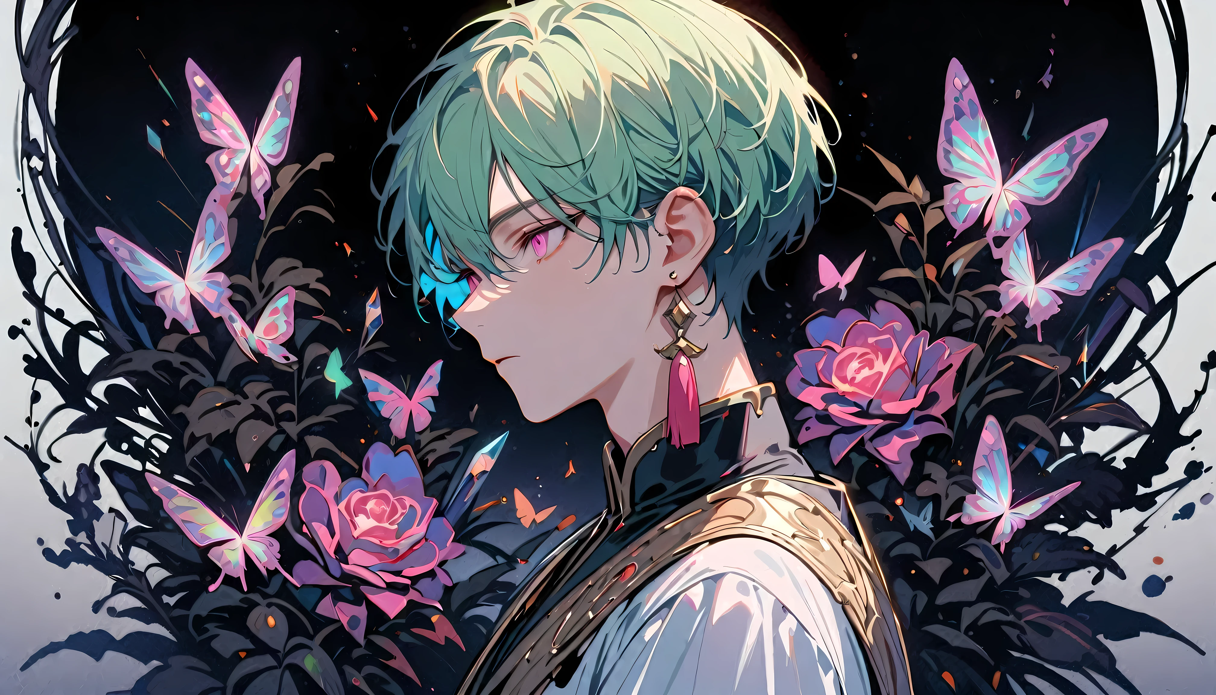 masterpiece, Male focus, 1 boy, solitary, green short hair, tassel earrings, tassel, jewelry, earrings, black flower background, pink eyes, short hair, crystal, Butterfly, Upper Body,  Colorful hair，Pearlescent Rose，Personal，The eyes are depicted in great detail