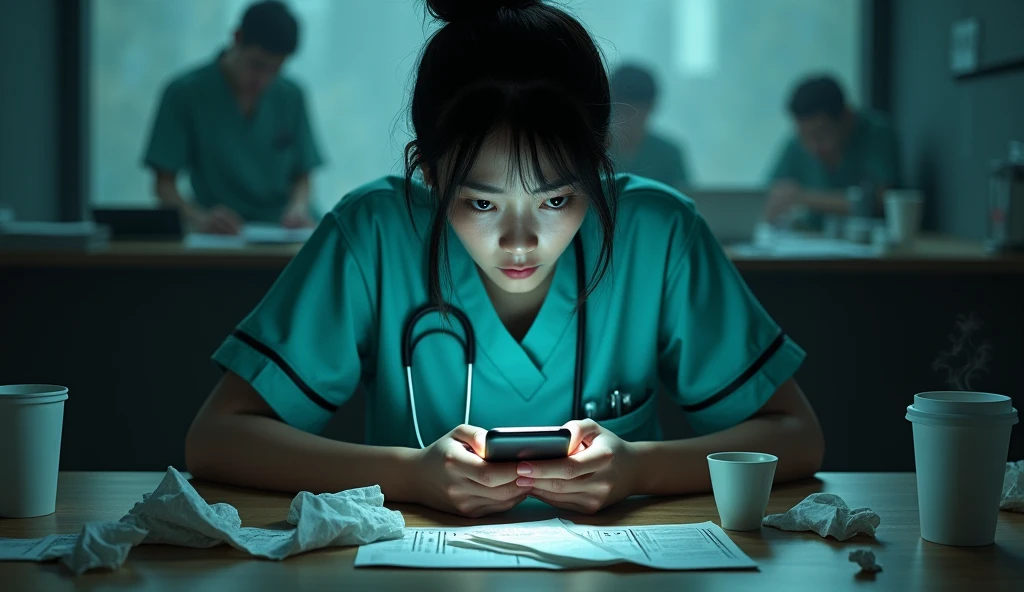 Create an image of an Asian female nurse addicted to online gambling,Sexual harassment,using phone