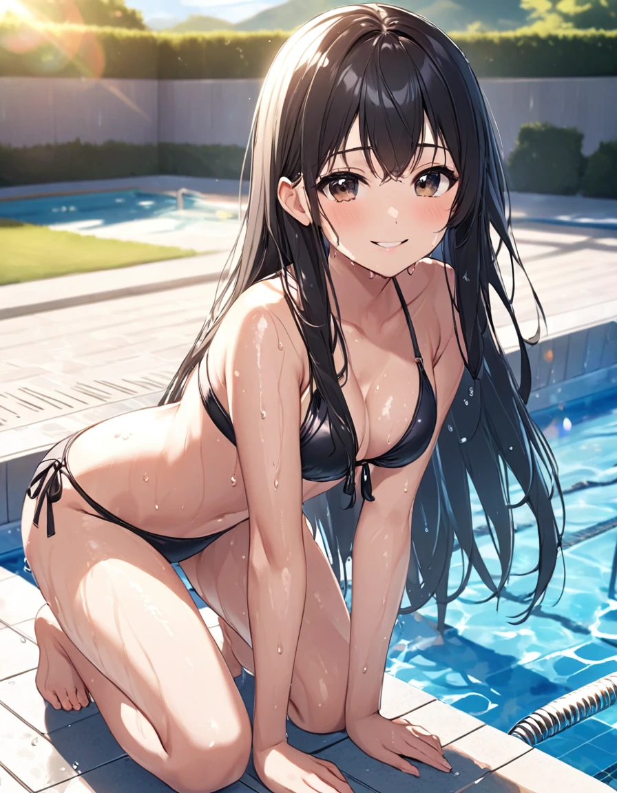 beautiful girl、Big Breasts、Swim topless、Long Hair、Japanese、Full Body Shot、anime、Image prompt faithfully、Background school night pool