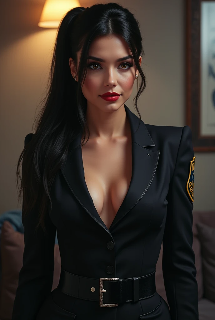 ultra realistic, photography, long black straight hair in a ponytail, elegant hair, (30 years old, hazel eyes, hourglass figure, perfect fit body, natural big breasts), firtatious look, crimson red lipstick, femme fatale, long eyelashes, cat-eye make-up, she is from the nypd