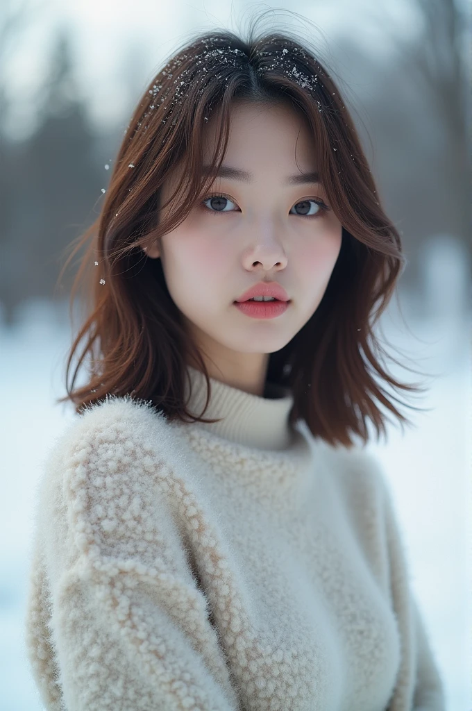 realistic photos oF (1 cute Korean star) shoulder length hair, subtle makeup, average breast size, wearing coat, In the snow, clear Facial Features, 8k high resolution, Clear and realistic details.From outside, Shot at eye level, F/4.0, 135 mm, FujiFilm, jpeg artiFacts, Smoothing, UHD, masterpiece