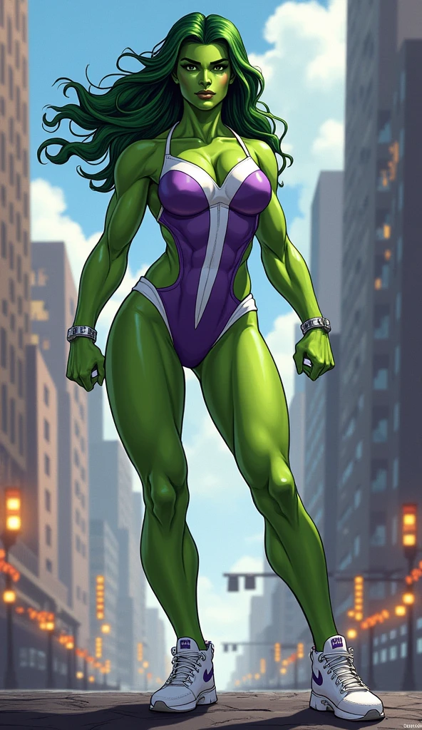 She-Hulk in white and purple leotard, white and purple sneakers
