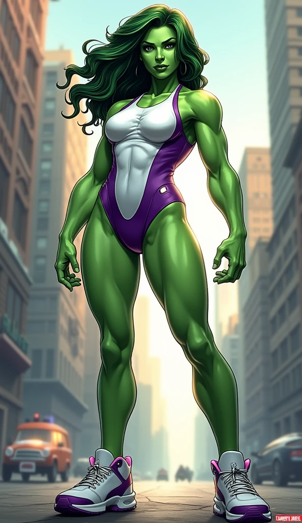 She-Hulk in white and purple leotard, white and purple sneakers