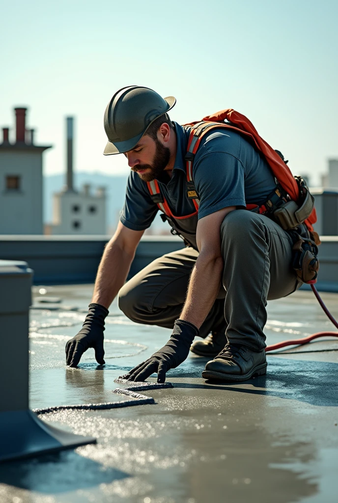 Man doing waterproofing work on a roof 