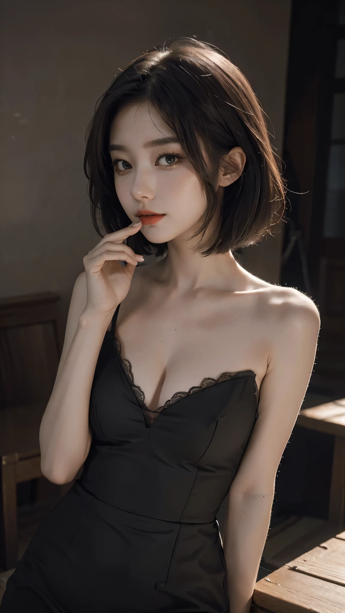 best quality， masterpiece， ultra high resolution， （Actually：1.5）， RAW photos， 1 cat， popular， In the darkness of the night， deep shadows， low pitch， cold light， sexy look,shoulder length straight bob hair,slim