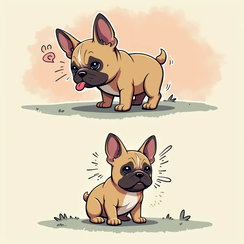 Chibi Style, 2-panel cartoon, dot halftone, Flat Color, French bulldog having difficulty breathing,Coughing,suffering,激しくCoughing