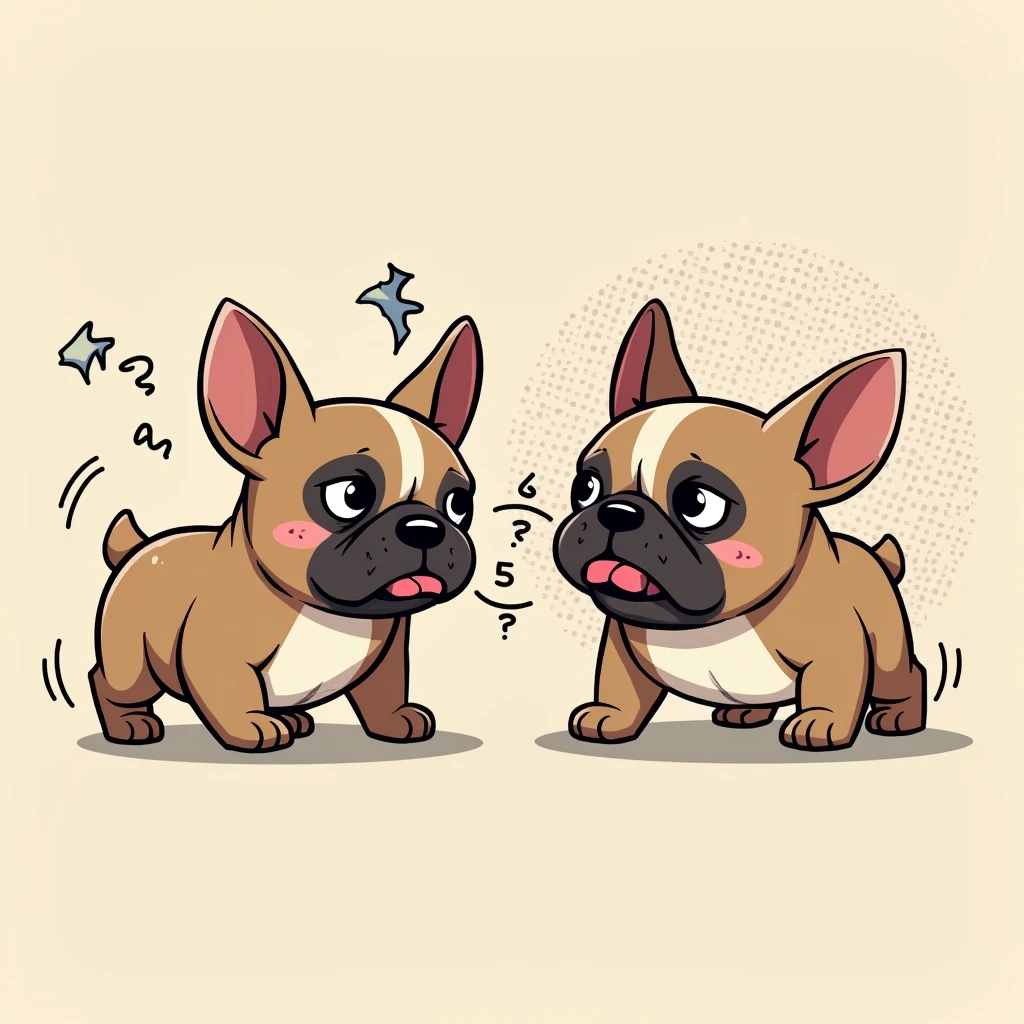 Chibi Style, 2-panel cartoon, dot halftone, Flat Color, French bulldog having difficulty breathing,Coughing,suffering,激しくCoughing