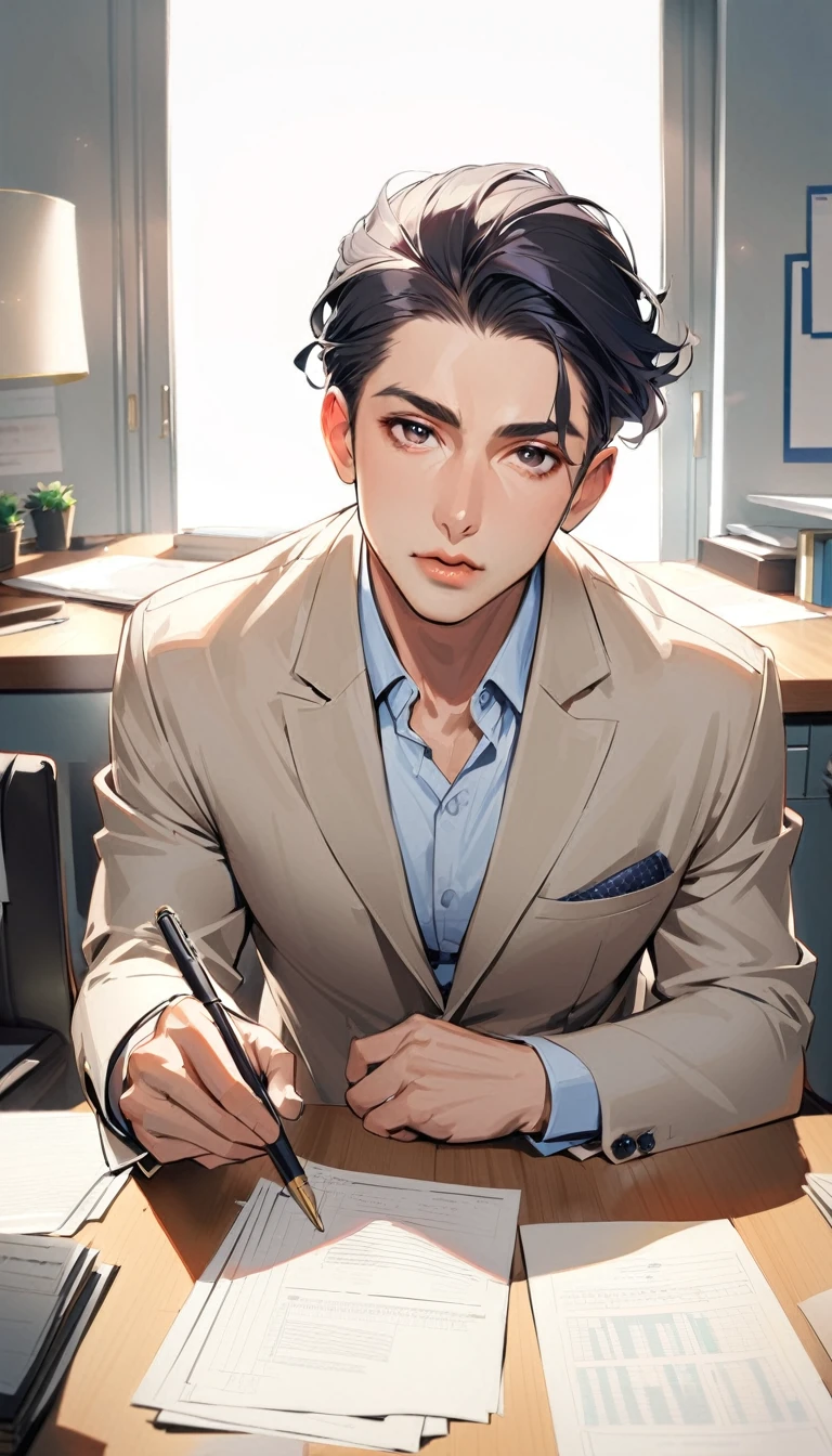 1man, solo, side parted hairstyle, black hair, black eyes, beige lips, 50 years old, wear a gray suit, see the documents at hand, company office, looking at viewer, opened mouth