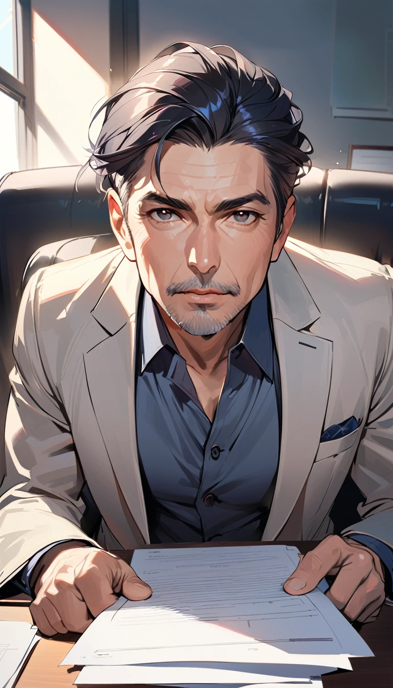 1man, solo, side parted hairstyle, black hair, black eyes, beige lips, 50 years old, wear a gray suit, see the documents at hand, company office, looking at viewer, opened mouth