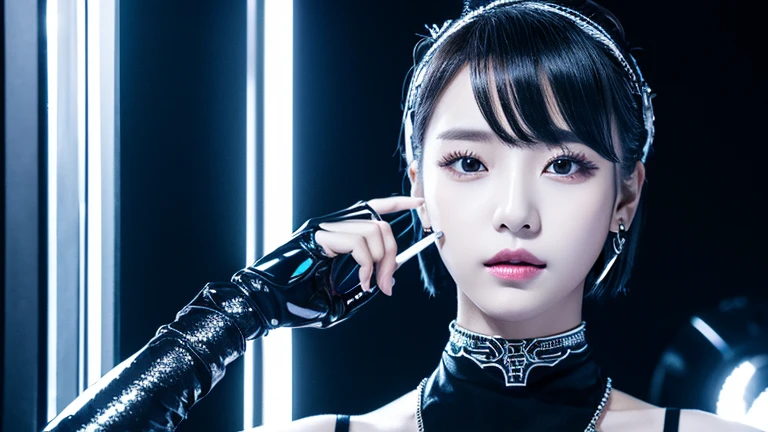 k-popアイドル、She has a single point of makeup on her face.、Black and white themed clothing、Cyberpunk feel、Beauty、The whole body is reflected、Silver Hair、short hair、The choker is shiny