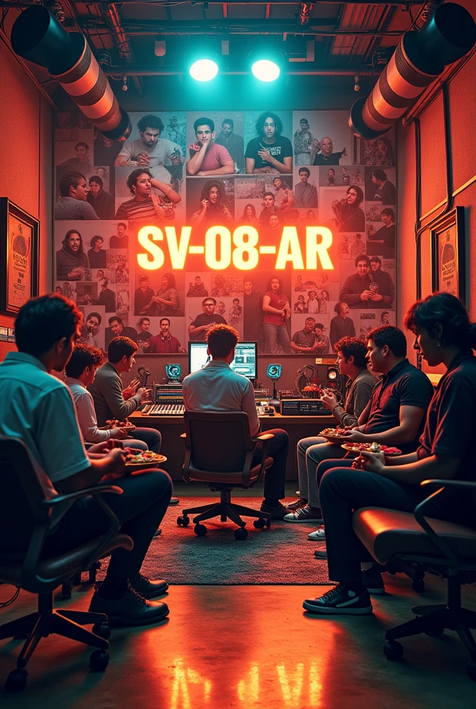 Make a CD cover with a sign saying SV-08-AR and dynamic images of people in the music studio recording and exchanging ideas eating