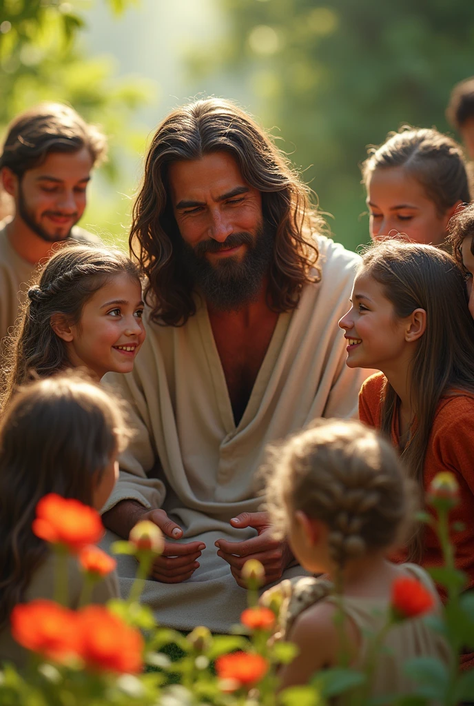 masterpiece), (highly detailed),jesus With his israel children , beautiful, flowers, nature shot, real photography, 8K, HD