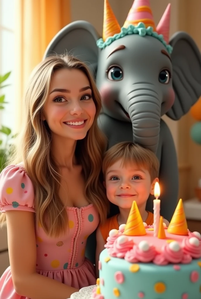 a cute girl with long light brown hair,birthday dress,30 years old,30 year old man standing with 1 cute boy,1 cute boy standing next to a elephant birthday cake,happy 30th birthday in bright color icing,3D Pixar style,best quality,4k,8k,highres,masterpiece:1.2,ultra-detailed,realistic,photorealistic,photo-realistic:1.37,HDR,UHD,studio lighting,ultra-fine painting,sharp focus,physically-based rendering,extreme detail description,professional,vivid colors,bokeh,highly detailed,intricate details,beautiful detailed eyes,beautiful detailed lips,extremely detailed eyes and face,long eyelashes,detailed skin texture,photorealistic lighting,warm color tones,soft lighting,cheerful,smiling,playful,joyful,whimsical,whimsy,whimsical fantasy