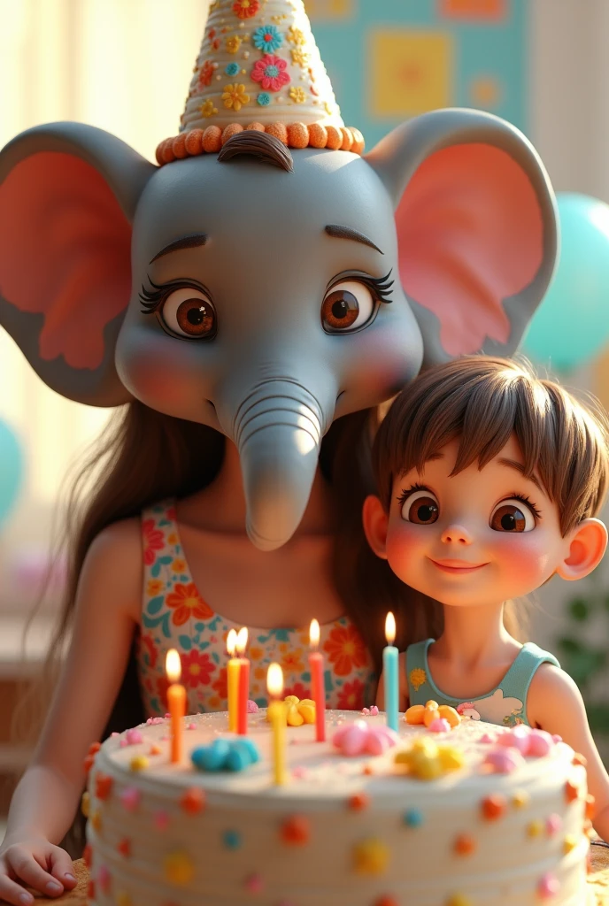 a cute girl with long light brown hair,birthday dress,30 years old,30 year old man standing with 1 cute boy,1 cute boy standing next to a elephant birthday cake,happy 30th birthday in bright color icing,3D Pixar style,best quality,4k,8k,highres,masterpiece:1.2,ultra-detailed,realistic,photorealistic,photo-realistic:1.37,HDR,UHD,studio lighting,ultra-fine painting,sharp focus,physically-based rendering,extreme detail description,professional,vivid colors,bokeh,highly detailed,intricate details,beautiful detailed eyes,beautiful detailed lips,extremely detailed eyes and face,long eyelashes,detailed skin texture,photorealistic lighting,warm color tones,soft lighting,cheerful,smiling,playful,joyful,whimsical,whimsy,whimsical fantasy