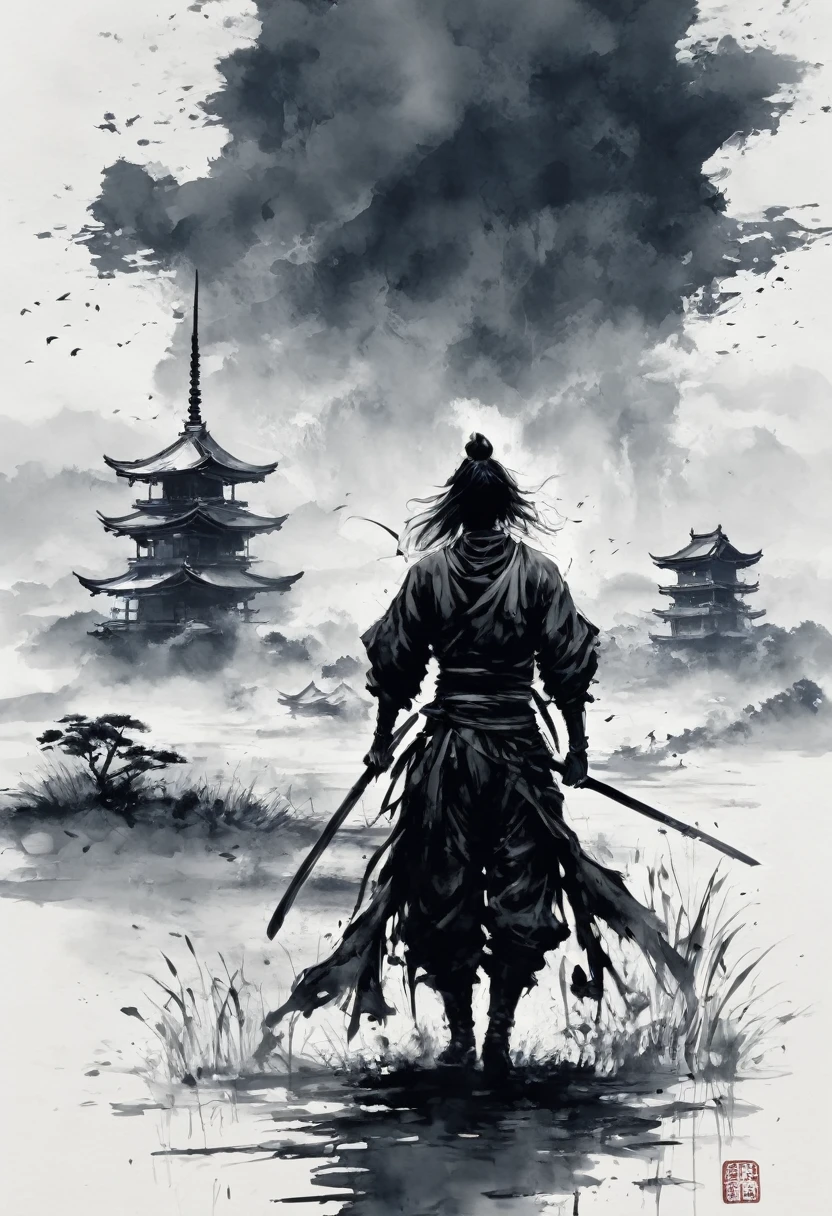 Black and white painting,Ink Painting,male、splash,Disheveled long hair、,On one knee、I&#39;ve got a Japanese sword and I&#39;Swing it towards the sky、full moon