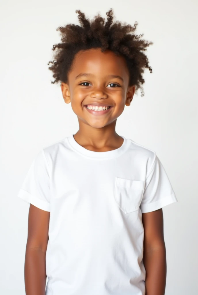 Create a highly detailed ultra realistic portrait image of a young cute African boy of around , wearing white shirt and having a low shaved haircut It's."He takes the bag and places it in front of the neighbor's door with a smile."