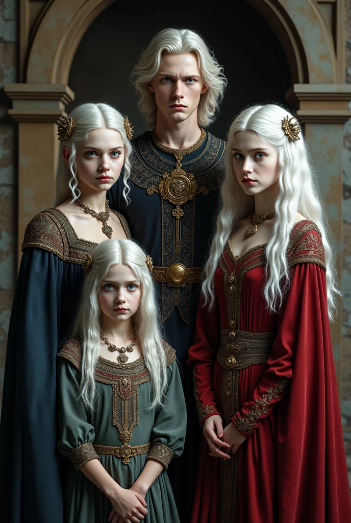 Create an image of four siblings, 1 male and 3 females.
The man is in the center of the image, he is the lord of the house.
the oldest sister is on the left side, and the other two, the youngest is on her brother's side and the middle one is a little further away from him.
The oldest sister is 35, the brother is 32, the middle sister is 20 and the youngest is .
They all have white hair and purple eyes, pale white skin, they are all beautiful.
They are in a medieval, middle ages setting, wearing period clothing and accessories.