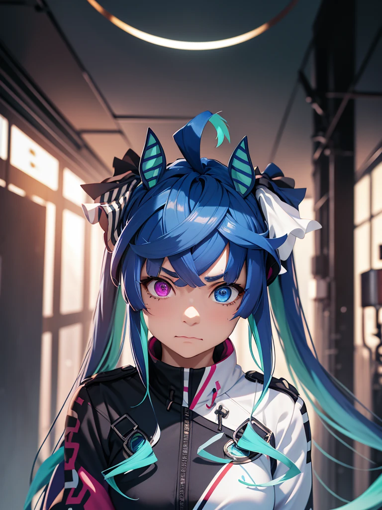 (masterpiece、top-quality、hight resolution、Unity 8k、extremely details CG:1,Best Picture), Twin_Turbo_Umamusume, aqua hair, twintails, heterochromia, purple eyes, blue eyes, sharp teeth, horse's ear, small breasts, "A woman standing alone with a subtle expression of unease, as if she’s aware of the rumors being spread about her. Her face shows a mix of discomfort and sadness, trying to maintain her composure despite the hurtful whispers. Her posture is slightly tense, reflecting the inner conflict of being labeled as a 'pure' porn stars."