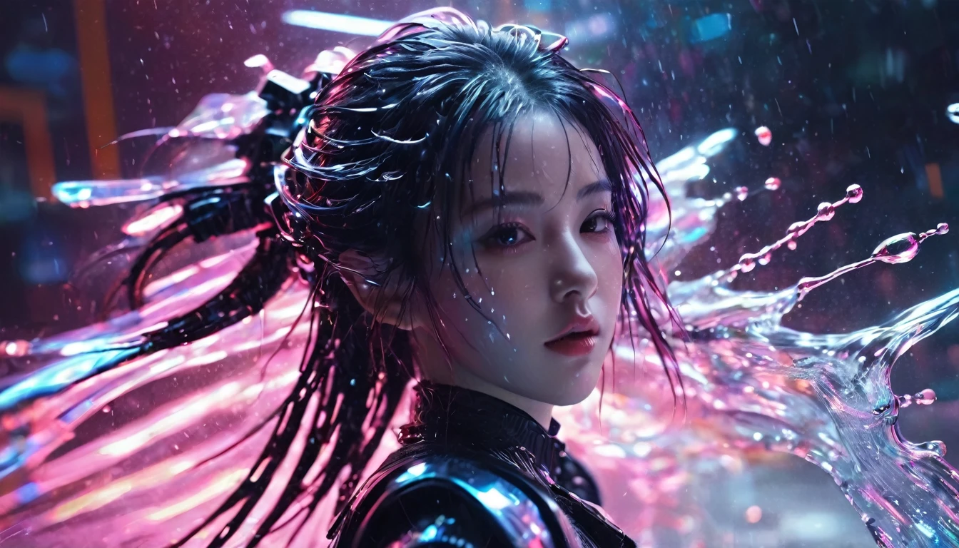 1 girl，beautiful，cyberpunk style,Bling Bling Bling Bling，motion blur，water drop，Cinematic lighting effects