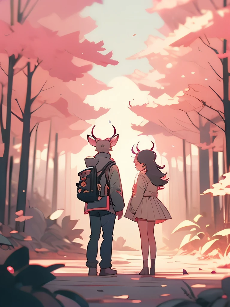 there are two deers that are standing in the woods, fauns, brittney lee, laurie greasley and james jean, deers, in pink forest, in style of laurie greasley, jen bartel, by Jin Nong, pink forest, dreamy psychedelic anime, laurie greasley, beautiful illustration, by Clint Cearley, by Kilian Eng