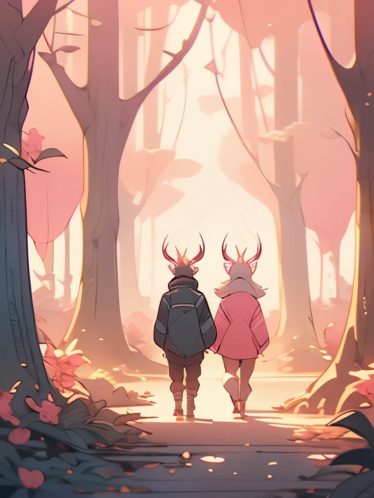 there are two deers that are standing in the woods, a detailed painting by Jin Nong, pixiv, sots art, fauns, brittney lee, laurie greasley and james jean, deers, in pink forest, in style of laurie greasley, jen bartel, pink forest, dreamy psychedelic anime, laurie greasley, beautiful illustration