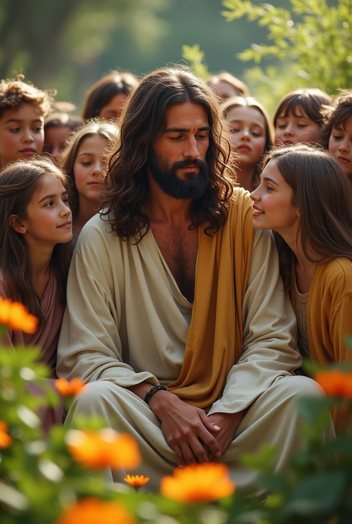 masterpiece), (highly detailed),jesus With his israel children , beautiful, flowers, nature shot, real photography, 8K, HD