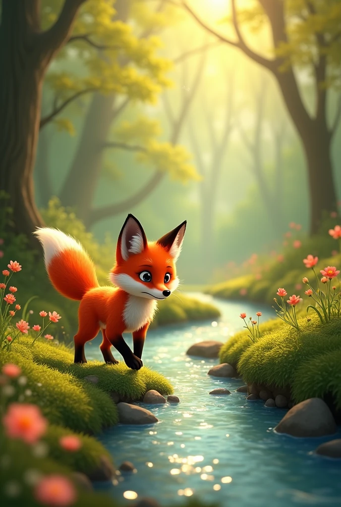 One sunny morning, Fox discovered a sparkling stream he had never seen before. Curious, he followed the stream and soon heard a soft cry.