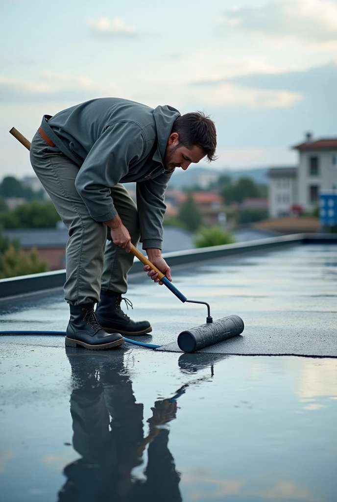 Man waterproofing a roof with liquid waterproofing film 