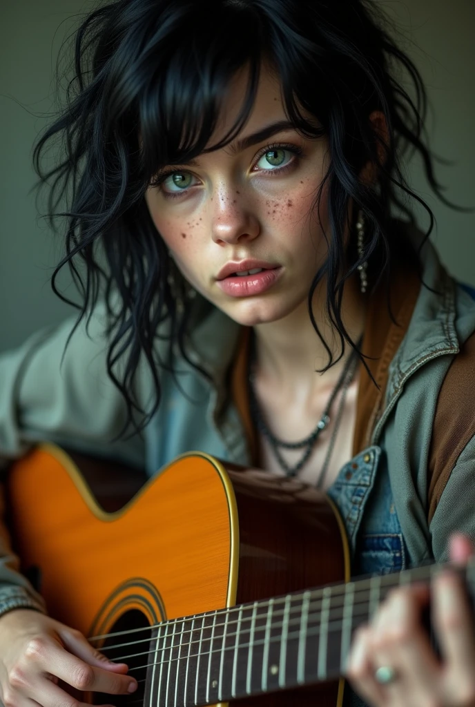 Adult girl with butterfly cut black hair, White skin, Russian, freckles on the face, green eyes, serious face, hippie grunge clothing, playing the guitar.