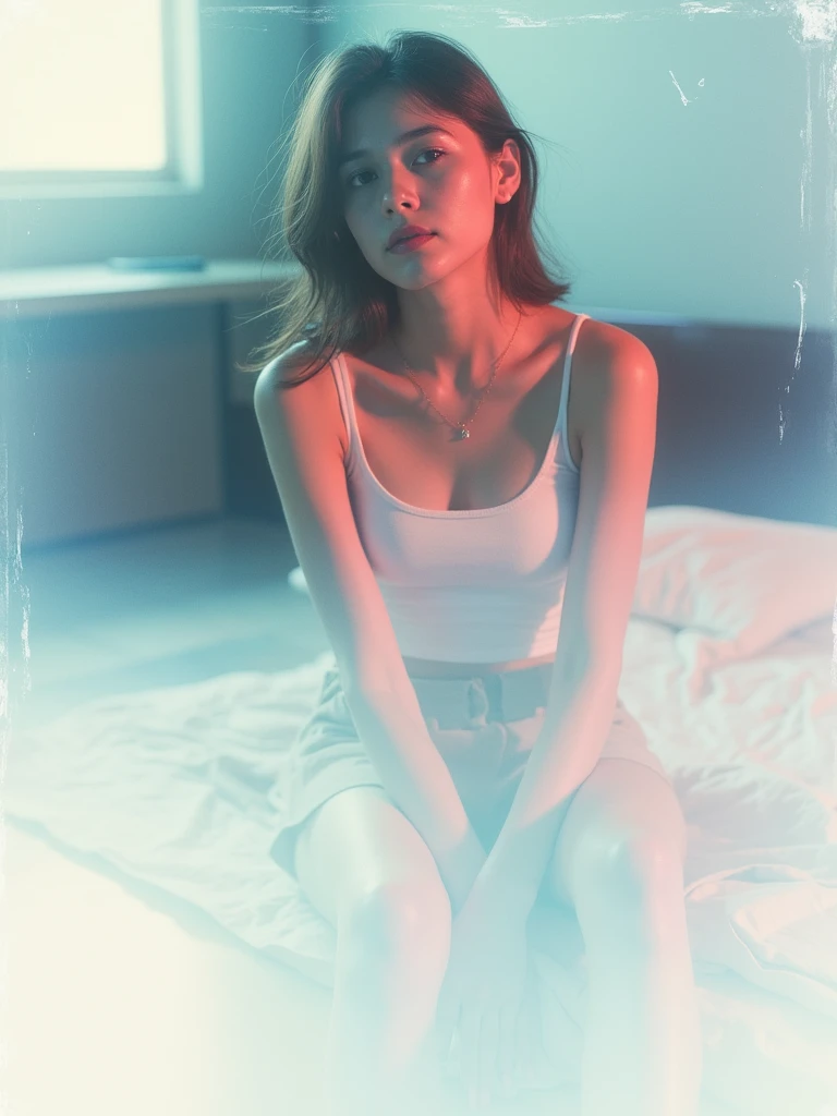 girl、 analog film photo, (Create a realistic and photorealistic photo image)、whole body、White tank top、Dimly lit place、Red light、Sitting、blur, tint, depth,