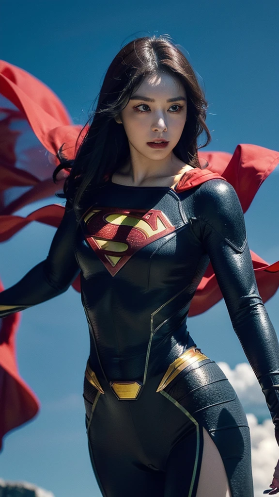 Woman wearing detailed SuperMan costume with full sleeves covering the entire body, short black hair, serious face, (flying in sky), vivid colors, dramatic lighting, red cape, cinematic costume, carbon fiber detailed suit,