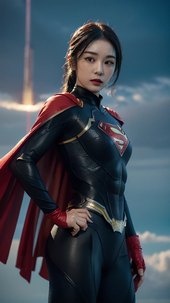 Woman wearing detailed SuperMan costume with full sleeves covering the entire body, short black hair, serious face, (flying in sky), vivid colors, dramatic lighting, red cape, cinematic costume, carbon fiber detailed suit,