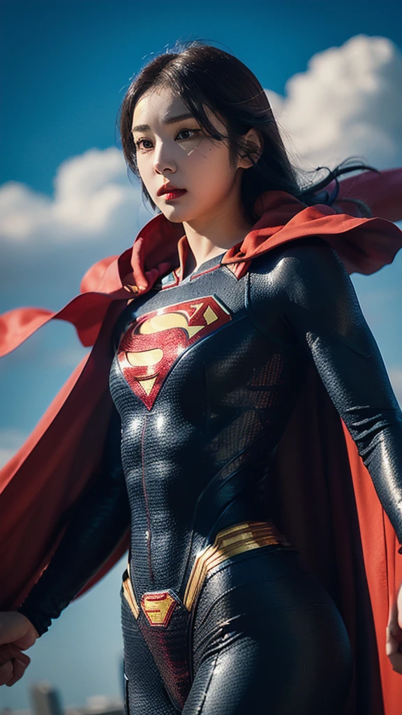 Woman wearing detailed SuperMan costume with full sleeves covering the entire body, short black hair, serious face, (flying in sky), vivid colors, dramatic lighting, red cape, cinematic costume, carbon fiber detailed suit,