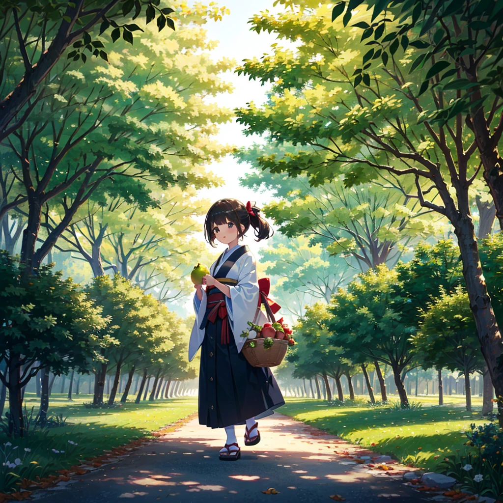 {{{Masterpiece, highest quality, high resolution background}}}, bright and beautiful atmosphere, 1 girl (, round face, ), small breasts, pear orchard with many Japanese pear trees, big pears on the Japanese pear tree , many girls enjoying pear picking in Japan, and a mini pig in a pear basket ``deltamon_sdXL :0.73)>Deltamon''