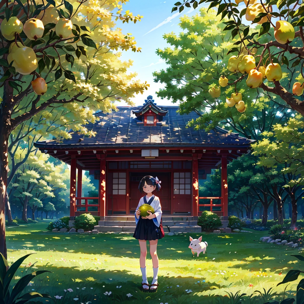 {{{Masterpiece, highest quality, high resolution background}}}, bright and beautiful atmosphere, 1 girl (, round face, ), small breasts, pear orchard with many Japanese pear trees, big pears on the Japanese pear tree , many girls enjoying pear picking in Japan, and a mini pig in a pear basket ``deltamon_sdXL :0.73)>Deltamon''