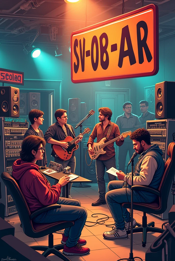 Make a cover of a song with a sign saying SV-08-AR and dynamic images of people in the music studio recording and exchanging ideas