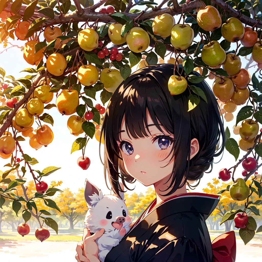 {{{Masterpiece, highest quality, high resolution background}}}, bright and beautiful atmosphere, 1 girl (, round face, ), small breasts, pear orchard with many Japanese pear trees, big pears on the Japanese pear tree , many girls enjoying pear picking in Japan, and a mini pig in a pear basket ``deltamon_sdXL :0.73)>Deltamon''