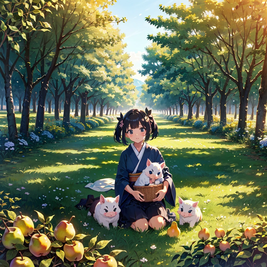 {{{Masterpiece, highest quality, high resolution background}}}, bright and beautiful atmosphere, 1 girl (, round face, baby face), small breasts, pear orchard with many Japanese pear trees, big pears on the Japanese pear tree , many girls enjoying pear picking in Japan, and a mini pig in a pear basket ``deltamon_sdXL :0.73)>Deltamon''