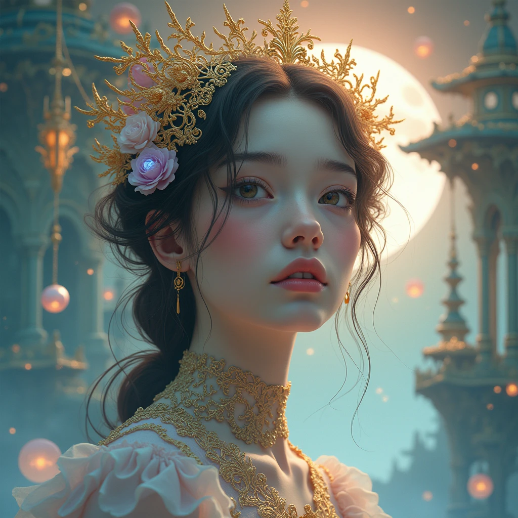 a surreal girl in a surreal world, beautiful detailed eyes, beautiful detailed lips, extremely detailed face, intricate and ornate surreal background, complex surreal architecture, glowing energy orbs, floating islands, surreal landscapes, pastel colors, dreamlike, ethereal, mystical, (best quality,4k,8k,highres,masterpiece:1.2),ultra-detailed,(realistic,photorealistic,photo-realistic:1.37)