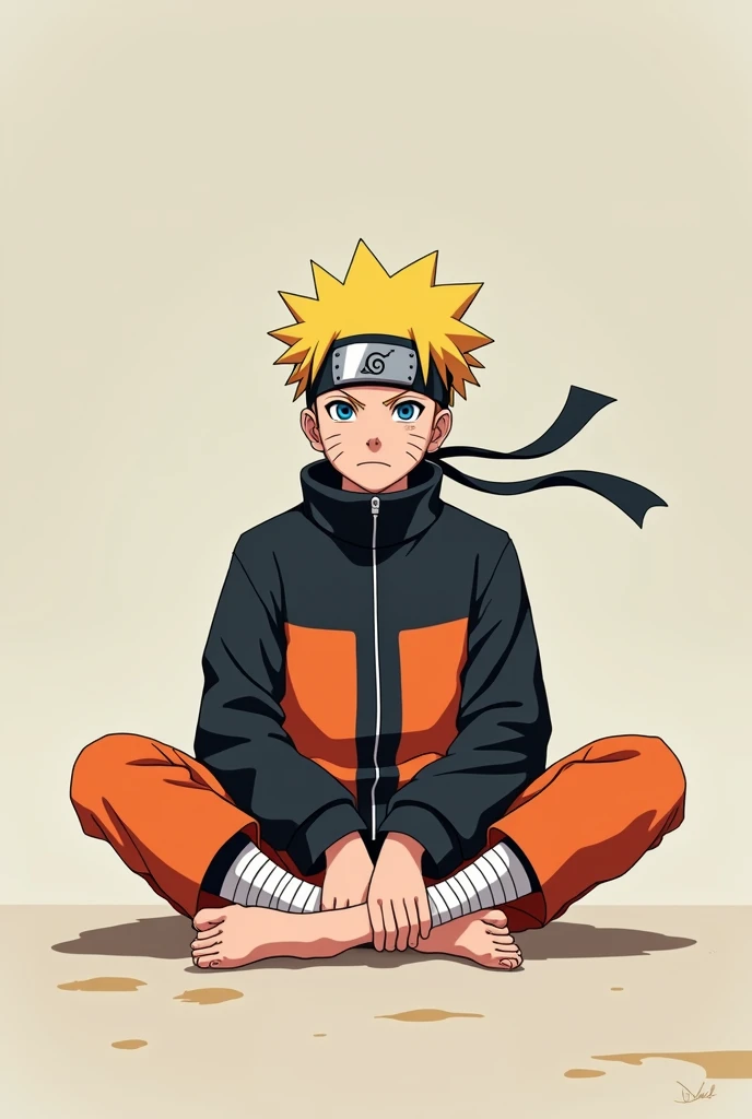 /flux 2D anime style of sitting classic Naruto Uzumaki barefoot lifting his feet,