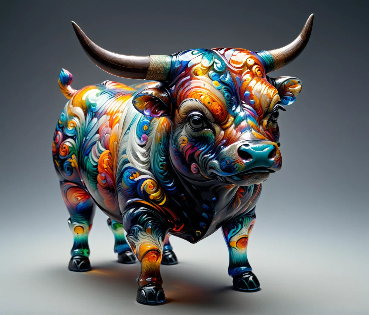 (cute, chubby, male, bull), transparent glass sculpture, vibrant colors, highly detailed, intricate details, best quality, masterpiece, mad-vangoghian, depth of field, (((grey background)))