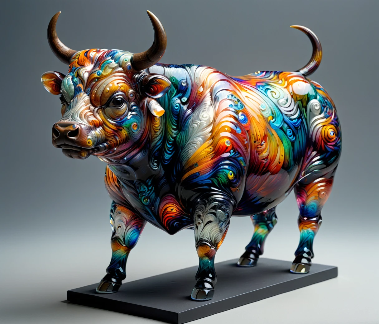 (cute, chubby, male, bull), transparent glass sculpture, vibrant colors, highly detailed, intricate details, best quality, masterpiece, mad-vangoghian, depth of field, (((grey background)))