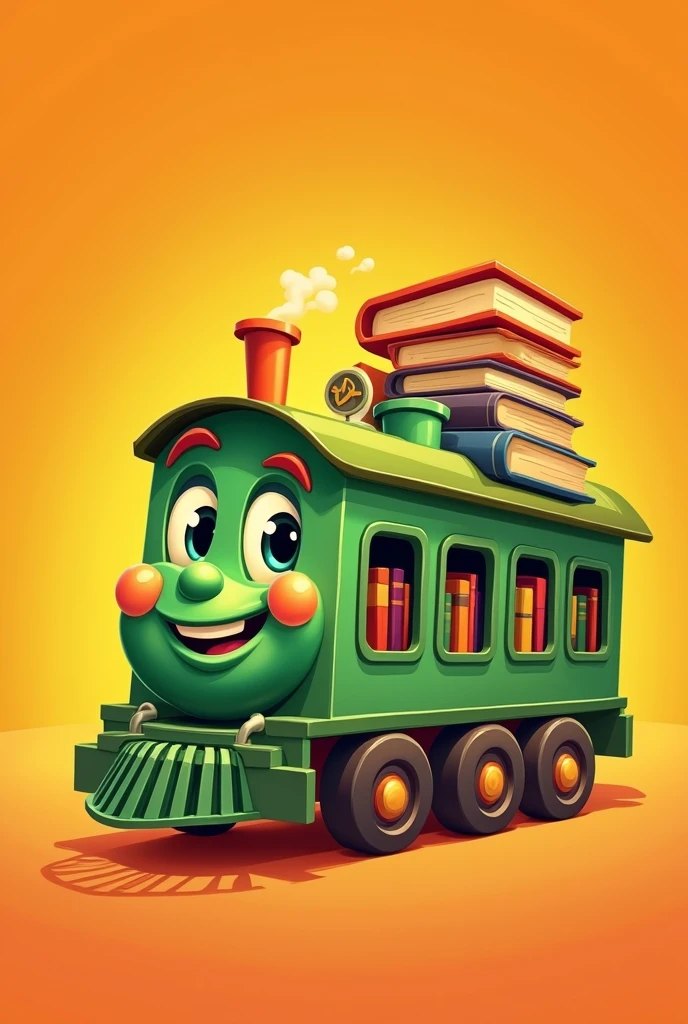 a green cartoon train carrying books, with windows, orange background