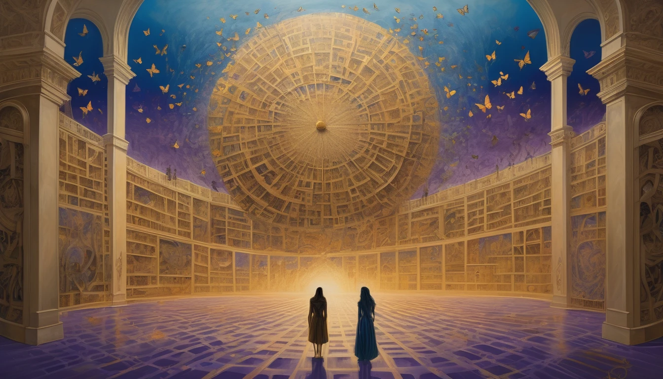 Imagine a surrealist painting on a large canvas, divided into four interconnected sections, each one representing a verse of the poem:
Upper Left Section:
An intricate maze with semi-transparent walls, where silhouettes of people wander, some approaching, others moving away. The walls of the maze are made of melted clocks, reminiscent of the style of Salvador Dalí, symbolizing the distortion of time.
Top Right Section:
A large sand clock, but instead of sand, small human figures fall from the top to the bottom. Some figures try to climb back up, representing the fight against time and the brevity of life.
Lower Left Section:
Two human silhouettes back to back, connected by tangled threads that form a heart in the space between them. The threads gradually unravel into butterflies, symbolizing transformation and the act of letting go.
Lower Right Section:
A broken mirror reflecting multiple distorted versions of a human face, each fragment showing a different emotion - guilt, acceptance, suru, hope. In the center of the mirror, a small, half-open door emits a soft glow.
The four sections are joined by a winding path that winds through each quadrant., starting as a solid line and gradually becoming more ethereal and translucent, representing the journey of life and the search for answers.
The predominant colors are shades of deep blue and purple., symbolizing introspection and mystery, com toques de dourado para representar hope e iluminação.
This conceptual artwork seeks to visually capture the poem's themes: the complexity of relationships, the ephemeral nature of time, internal conflicts and the constant search for meaning and direction in life.