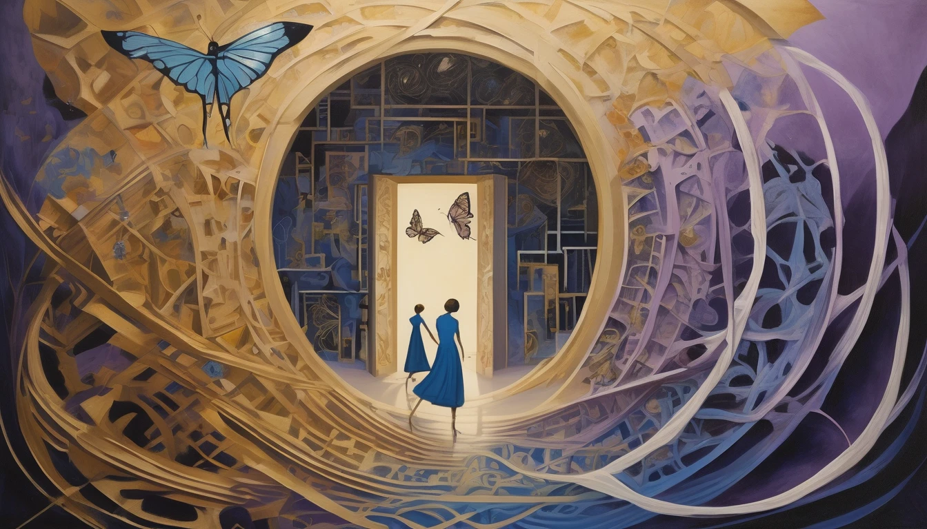 Imagine a surrealist painting on a large canvas, divided into four interconnected sections, each one representing a verse of the poem:
Upper Left Section:
An intricate maze with semi-transparent walls, where silhouettes of people wander, some approaching, others moving away. The walls of the maze are made of melted clocks, reminiscent of the style of Salvador Dalí, symbolizing the distortion of time.
Top Right Section:
A large sand clock, but instead of sand, small human figures fall from the top to the bottom. Some figures try to climb back up, representing the fight against time and the brevity of life.
Lower Left Section:
Two human silhouettes back to back, connected by tangled threads that form a heart in the space between them. The threads gradually unravel into butterflies, symbolizing transformation and the act of letting go.
Lower Right Section:
A broken mirror reflecting multiple distorted versions of a human face, each fragment showing a different emotion - guilt, acceptance, suru, hope. In the center of the mirror, a small, half-open door emits a soft glow.
The four sections are joined by a winding path that winds through each quadrant., starting as a solid line and gradually becoming more ethereal and translucent, representing the journey of life and the search for answers.
The predominant colors are shades of deep blue and purple., symbolizing introspection and mystery, com toques de dourado para representar hope e iluminação.
This conceptual artwork seeks to visually capture the poem's themes: the complexity of relationships, the ephemeral nature of time, internal conflicts and the constant search for meaning and direction in life.