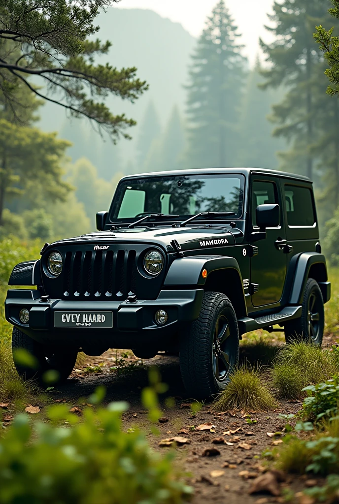 Mahindra black Thar Roxx 5 door in ground with beautiful nature scene and his front tyre moved right side, 8k image hd quality, dslr like