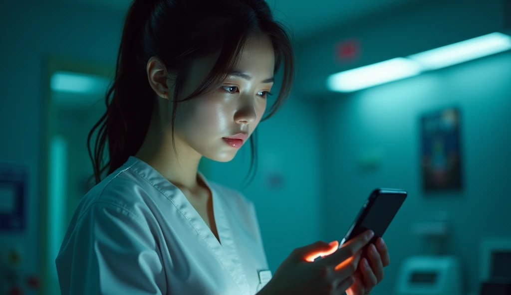 Create an image of an Asian female nurse addicted to online gambling,using phone