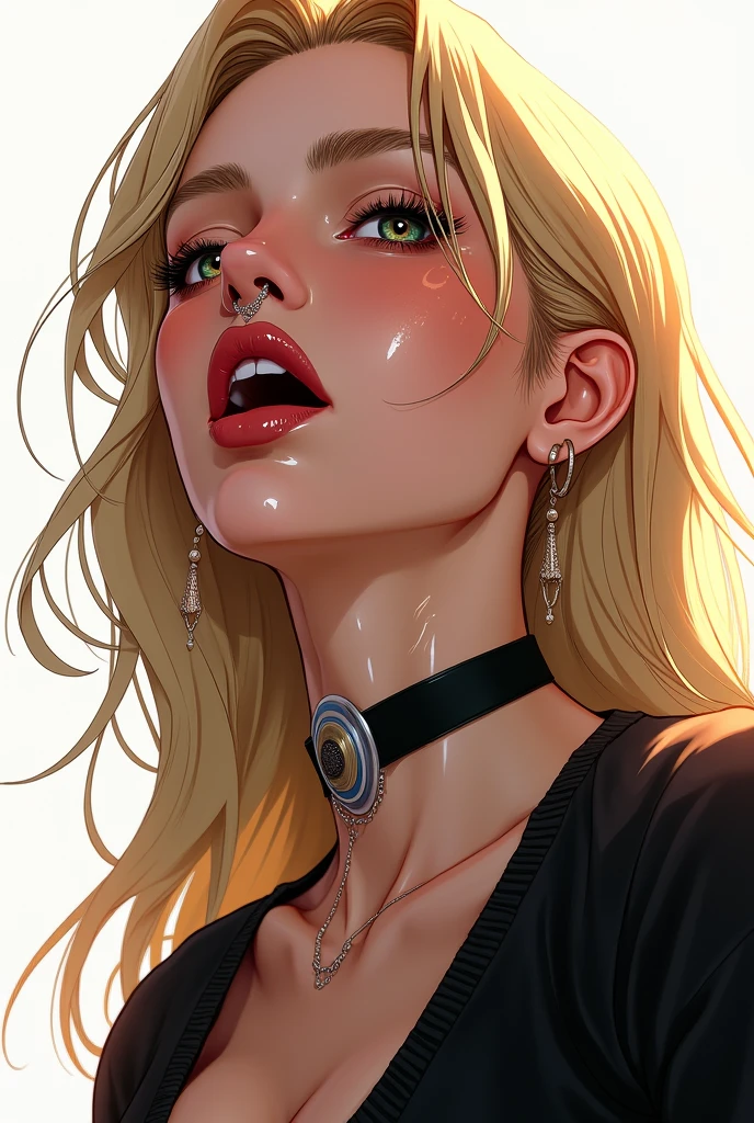 Black choker, Run the whole race, a lot of cum on the face, nose piercing, High resolution, High resolution, award-winning photo, realistic skin texture, very detailed, Keep your eyes sharp and focused, nose and mouth, facial focus, Woman with open mouth and closed eyes, Black sweater, 3, symmetrical face, Realistic nostrils.low angle, elongated C-shaped nostrils,,, White background, sweaty skin, iluminación que destaca la sweaty skin ((hook nose))Shiny skin from sweat, shiny skin, sweaty hair, ball gag, bright sun, a Cartoon image of a woman with long hair and a purple shirt, blonde hair princess, Ilya Kuvshinov con cabello largo, Seductive anime girl, Rapunzel, Blonde anime girl with long hair, Detailed digital drawing.