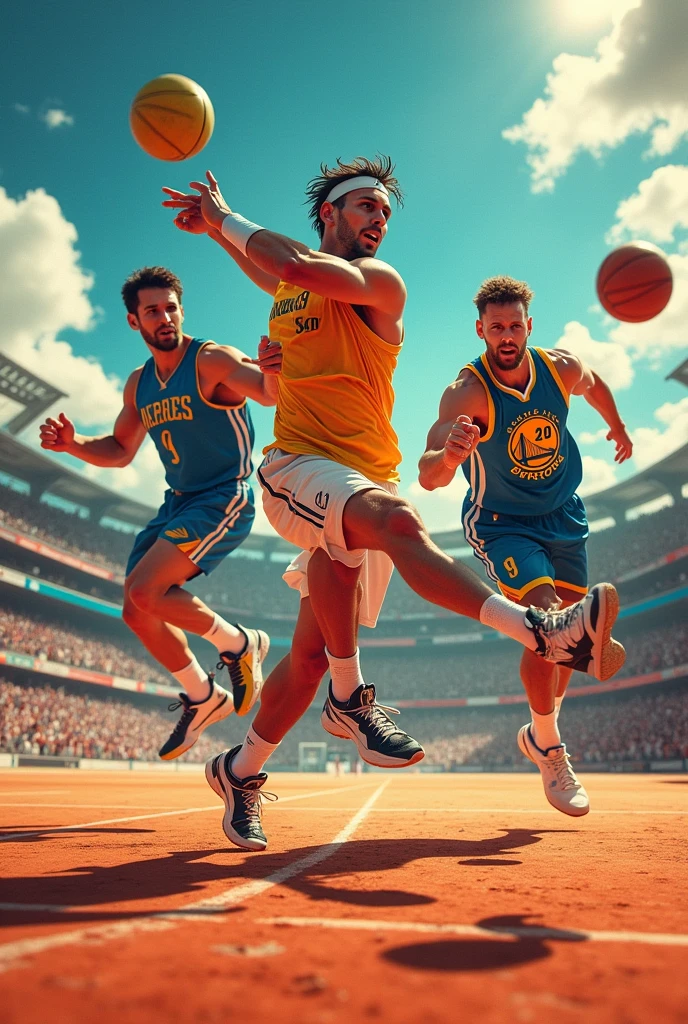 an image with Rafael Nadal playing tenis, Messi showing how rich he is and Stephen Curry playing basketball