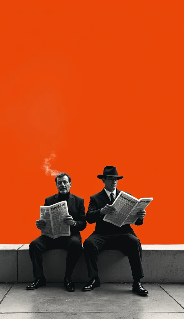 Black-and-white photograph of two men sitting on the edge. One is smoking while reading his newspaper, the other man has no hat but is holding something in his hand that looks like an object or weapon. It seems to be a public space with concrete walls, a flat orange background, in a surreal, graphic design poster art style, minimalistic, with a red monochrome, high-contrast effect.